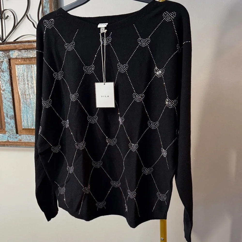 VILA Black crew neck Sweater with Silver Accents NWT M - Picture 4 of 9